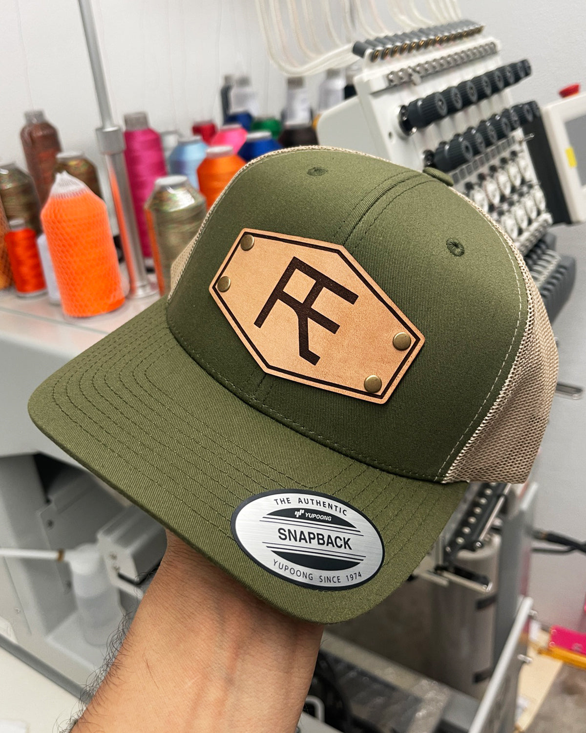 Custom Adult Beanies - Personalized Leather Patches with Rivets Khaki