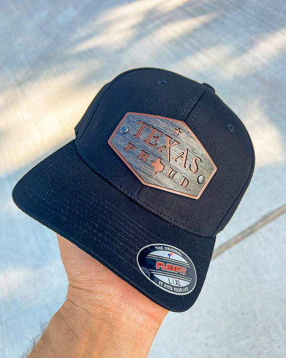 Custom Hats Affordable Custom Apparel VQRO Black Texas Proud Edition Hat Real Wood Patch FlexFit Yupoong Richardson 112 Fitted Cap Cheap Custom Apparel 