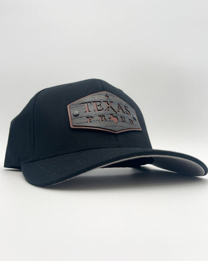 Affordable Custom Hats & Caps Black Texas Proud Edition Hat Real Wood Patch FlexFit Fitted Cap Cheap Custom Apparel Cheap