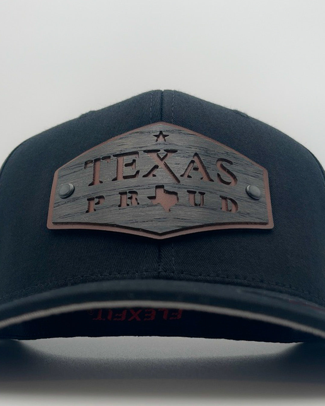 Affordable Custom Hats & Caps Black Texas Proud Edition Hat Real Wood Patch FlexFit Fitted Cap Cheap Custom Apparel Cheap 