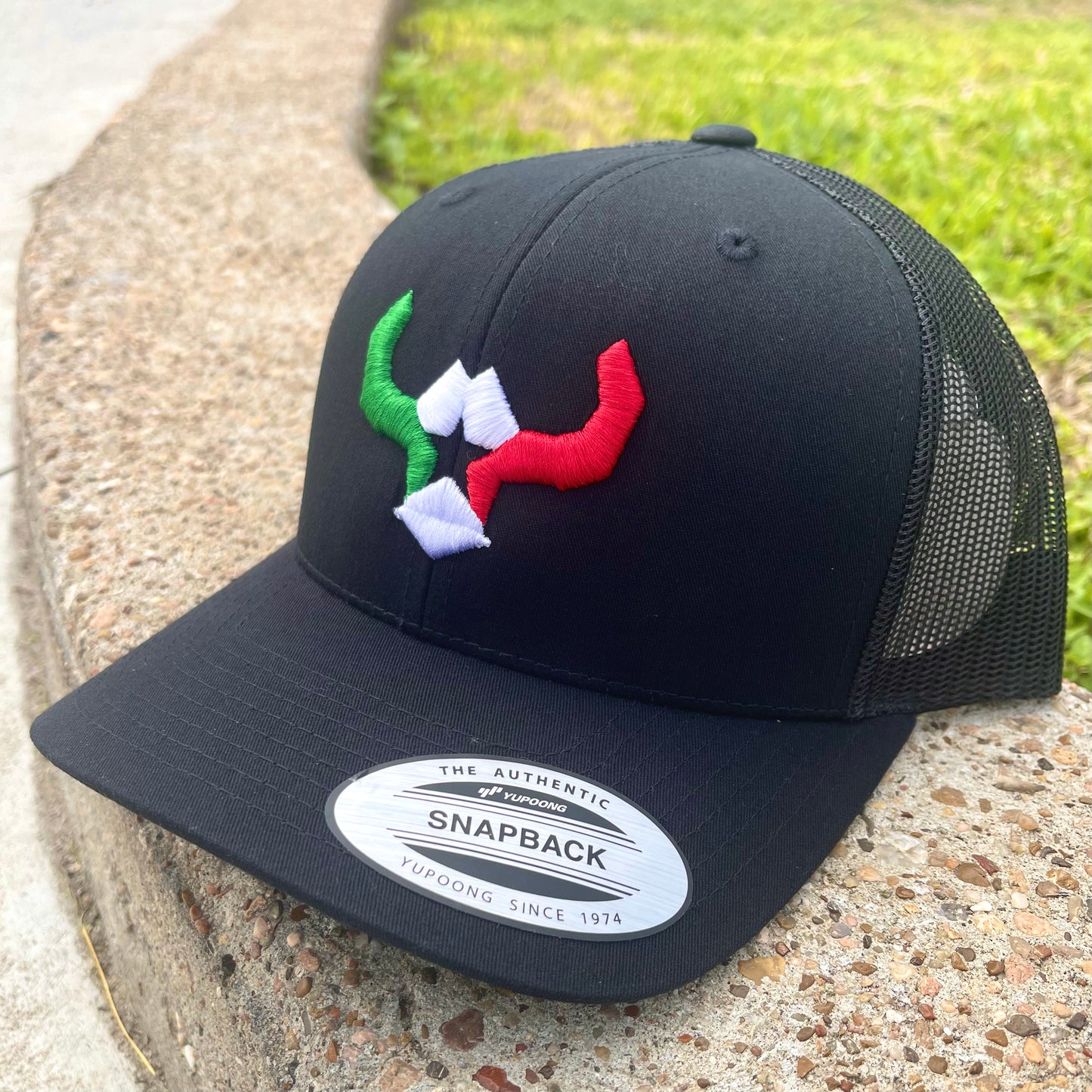 Black Hat Tri Color Trucker Mesh Cap Affordable Custom Apparel Yupoong Richardson112 Embroidery Affordable Custom Hats