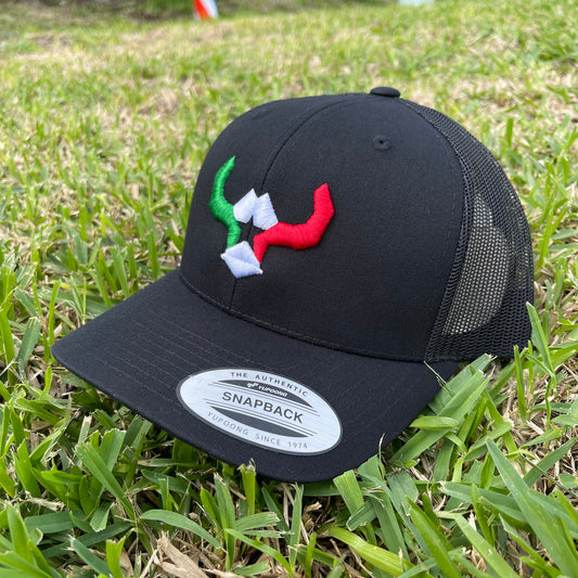 Black Hat Tri Color Trucker Mesh Cap Affordable Custom Apparel Yupoong Richardson112 Flexfit Affordable Custom Hats