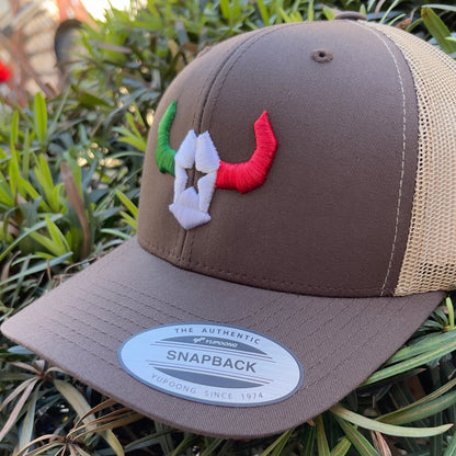 Brown Hat Tri Color Trucker Mesh Cap Yupoong Richardson112 Affordable Custom Apparel Leather Patches Cheap Affordable Custom Hats & Caps