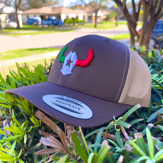 Brown Hat Tri Color Trucker Mesh Cap Yupoong Richardson112 Affordable Custom Apparel Cheap Affordable Custom Hats & Caps