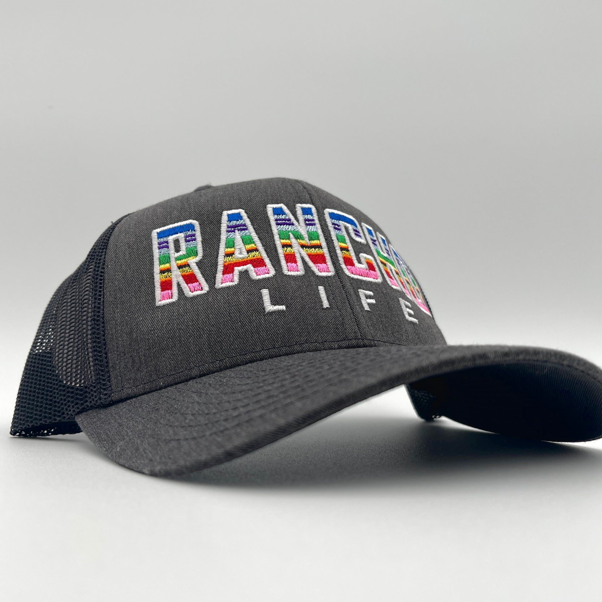 RANCHO LIFE Zarape - Dark Heather Grey Multi-Color Retro Trucker Mesh Cap Cheap Custom Apparel Hats