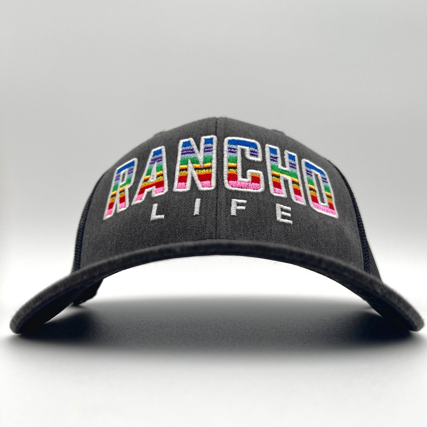 RANCHO LIFE Zarape - Dark Heather Grey Multi-Color Retro Trucker Mesh Cap Affordable Custom