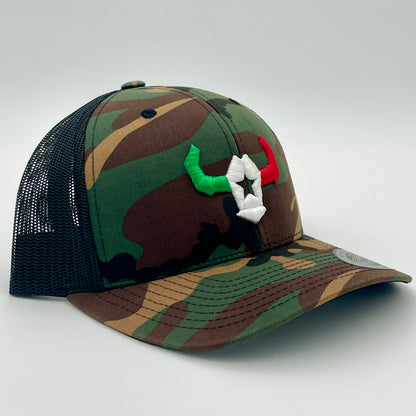 Affordable Custom Apparel Green Camo 3D Tri-Color Bull Retro Trucker Mesh Hats