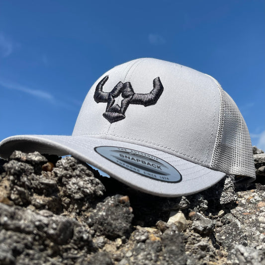 Light Grey Hat With 3D Bull Logo Retro Trucker Mesh Cap Affordable Custom Apparel 