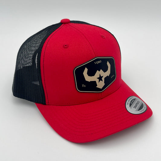 Red and Black Affordable Custom Leather Patch Hat Trucker Mesh Cap Yupoong Richardson112